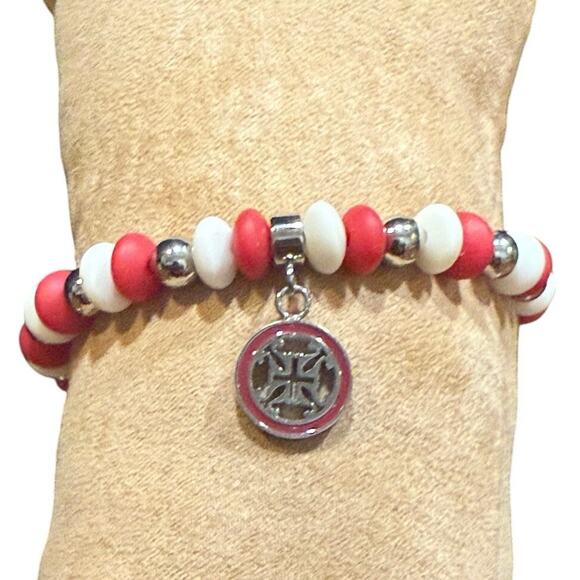 Rustic Cuff Red, White , & Silver Beads Stretch Bracelet Stackable logo charm - Picture 6 of 12